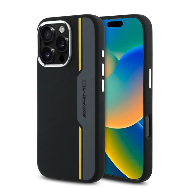 AMG iPhone 16 Pro Max MagSafe Hard Case - Silicone with Bow Lines - Black Yellow
