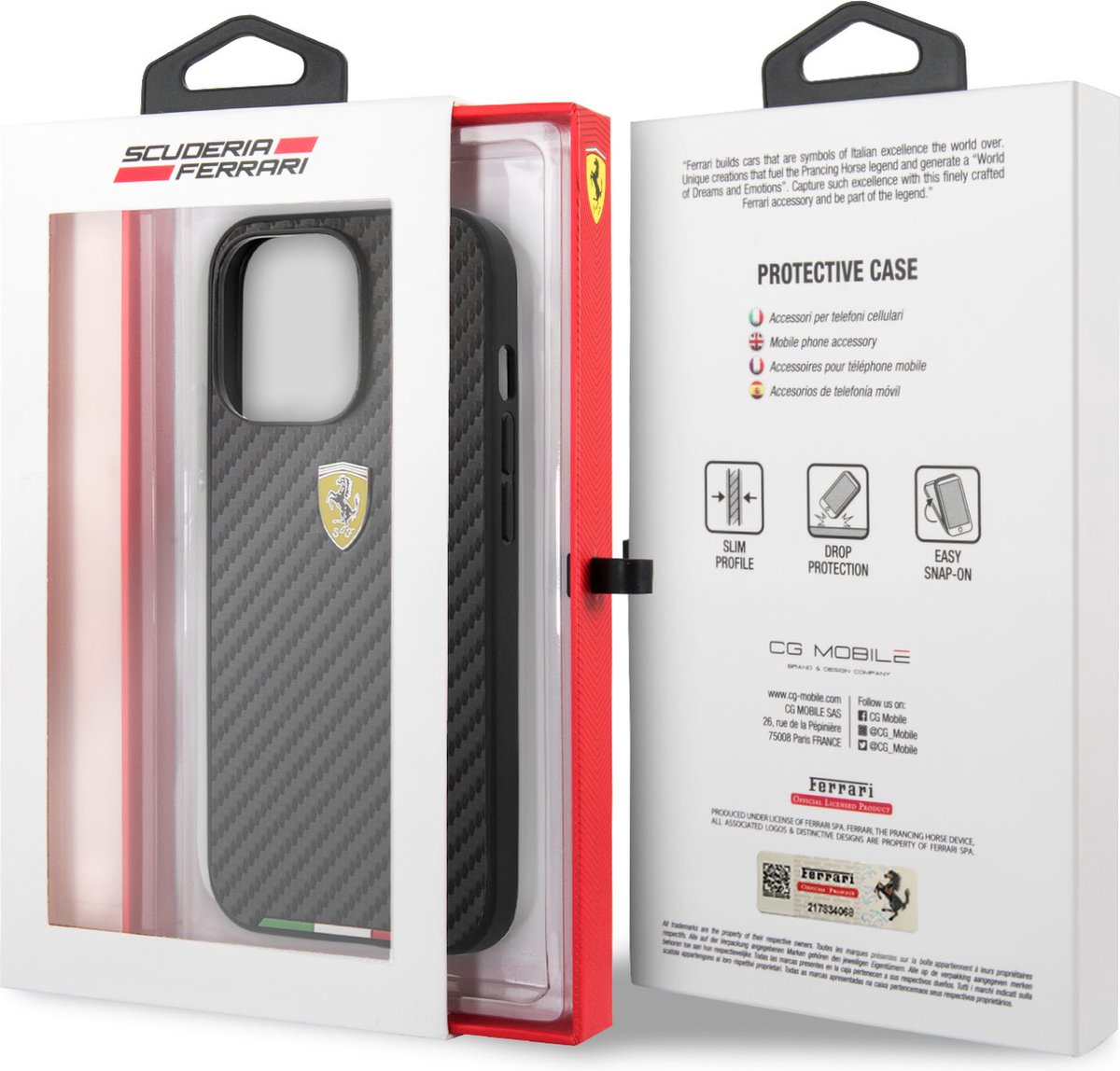 Ferrari iPhone 13 Pro Max Hard Case - PU Carbon with Italy Flag Line - Black
