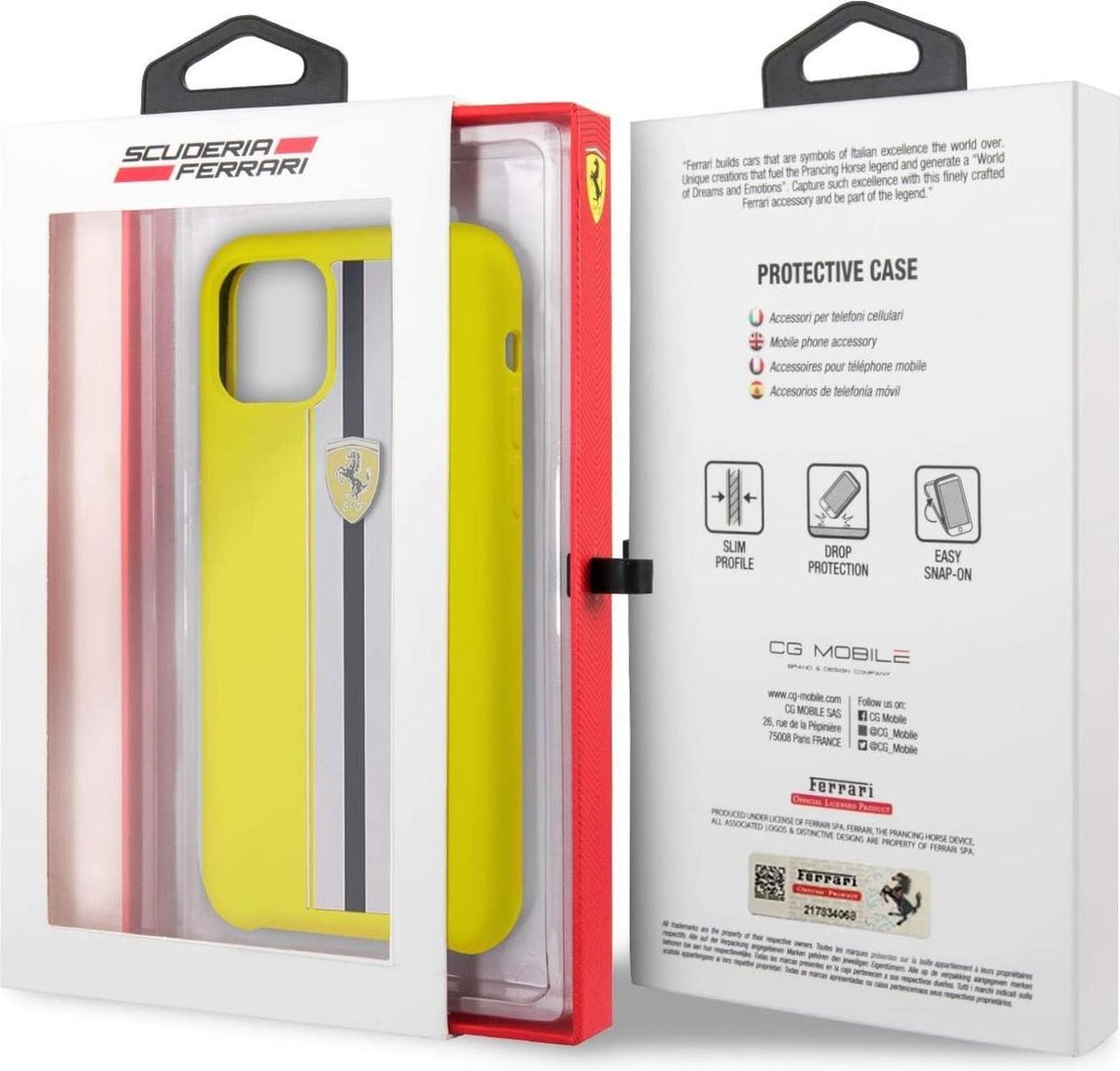 Ferrari iPhone 11 Pro Max Hard Case - Black Silicone with White Tricolore Stripe - Yellow Accents