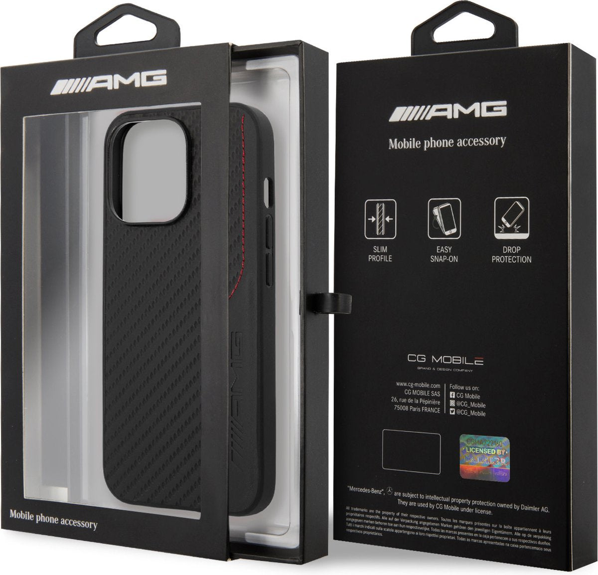 AMG iPhone 13 Pro Max Hard Case - Carbon & Leather with Red Stitching - Black