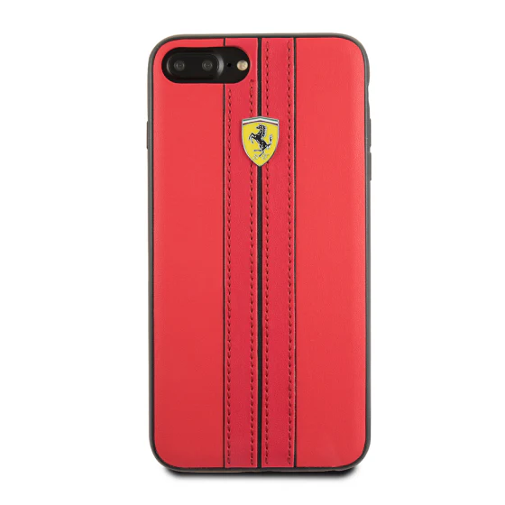 Ferrari iPhone 8 Plus Hard Case - On Track PU Leather with Yellow Shield Logo - Red