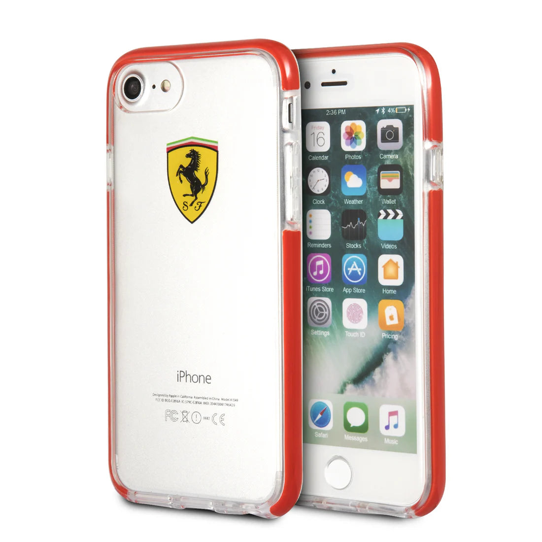Ferrari iPhone 8 Hard Case - Glossy Transparent Shockproof with Red Side Racing Logo