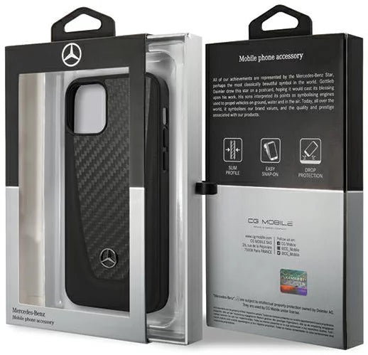 Mercedes iPhone 12 Pro Hard Case - Real Leather with Carbon Fiber - Black