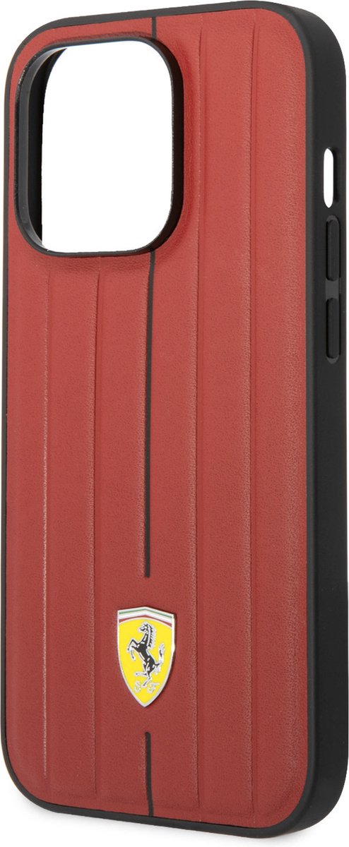 Ferrari iPhone 14 Pro Max Hard Case - Leather with Hot-Stamped Line - Red