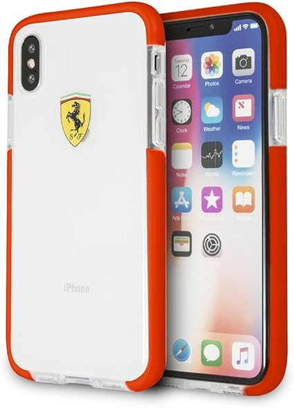 Ferrari iPhone X Hard Case - Glossy Transparent Shockproof with Red Side Racing Logo