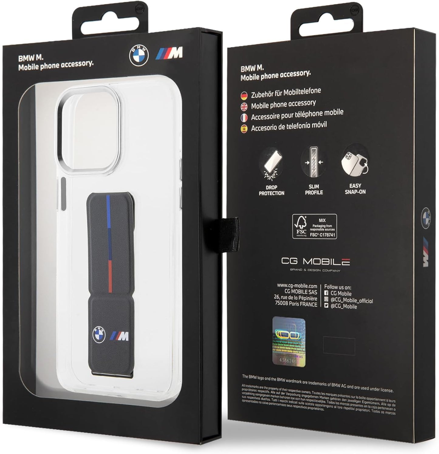 BMW M iPhone 15 Pro Max Hard Case - Clear PU Grip with Stand - Grey