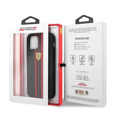 Ferrari iPhone 12 Pro Max Case - Black Carbon with Red Stripes