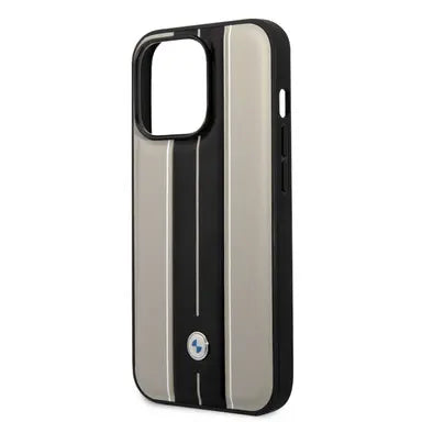 BMW iPhone 14 Pro Hard Case - Leather with Hot-Stamped Bicolor Lines - Beige