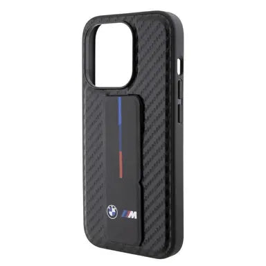 BMW M iPhone 15 Pro Max Hard Case - PU Smooth & Carbon with Grip Stand - Black