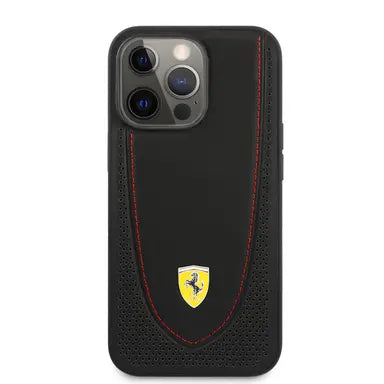 Ferrari iPhone 13 Pro Hard Case - Leather with Stitched Red Line - Black