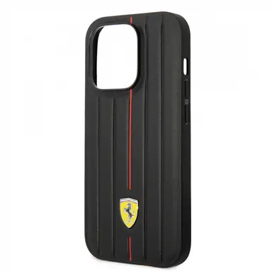Ferrari iPhone 14 Pro Max Hard Case - Leather with Hot-Stamped Line - Black