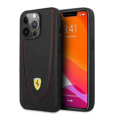 Ferrari iPhone 13 Pro Max Hard Case - Leather with Stitched Red Line - Black