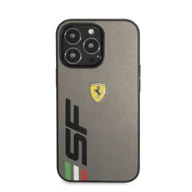 Ferrari iPhone 13 Pro Max Hard Case - Leather with Printed Big SF Logo - Grey