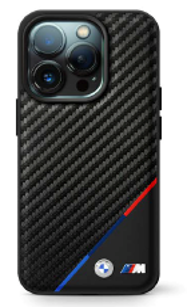 BMW M iPhone 16 Pro Case - MagSafe PU Leather with Carbon & Tricolor Stripe and Metal Logos - Black