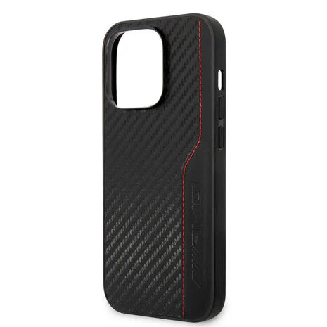 AMG iPhone 14 Pro Hard Case - PU Carbon & Leather with Red Stitching - Black
