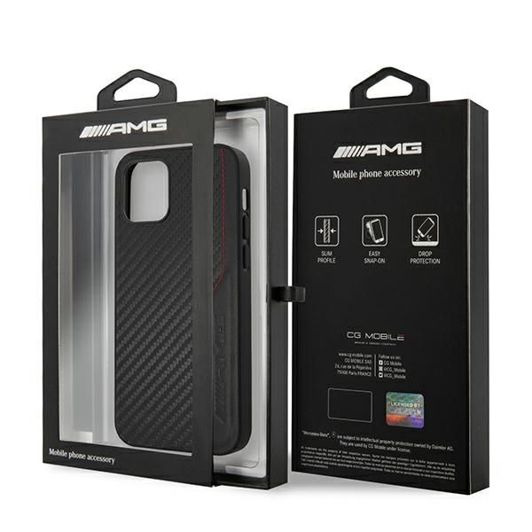 AMG iPhone 12 / iPhone 12 Pro Leather Case - Black with Red Stitching