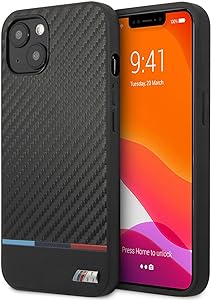 BMW M iPhone 13 Hard Case - PU Carbon with Tricolor Line - Black