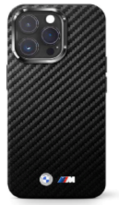 BMW M iPhone 16 Case - PU Leather Carbon Full-Wrapped with Metal Buttons & Logos - Black