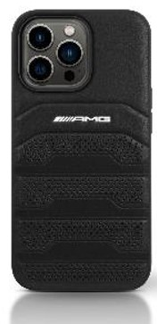 AMG iPhone 16 Pro Hard Case - Leather with Debossed Lines & Black Logo - Black