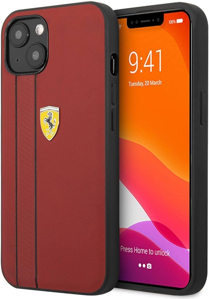 Ferrari iPhone 13 Hard Case - Leather with Debossed Stripes & Red Lines - Black