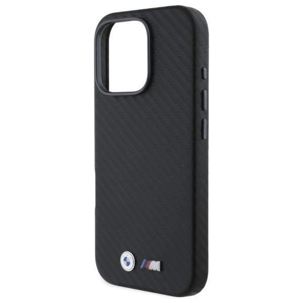 BMW M iPhone 16 Pro Max Case - PU Leather Carbon Full-Wrapped with Metal Buttons & Logos - Black