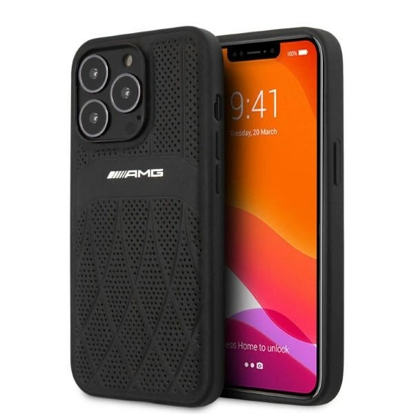AMG iPhone 13 Pro Hard Case - Leather with Curved Lines & White Logo - Black
