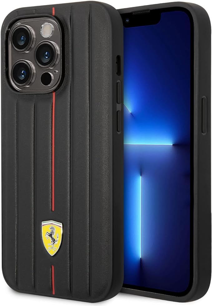 Ferrari iPhone 14 Pro Hard Case - Leather with Hot-Stamped Line - Black