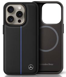 Mercedes-Benz iPhone 16 MagSafe Case - Leather with Blue Stripe - Black