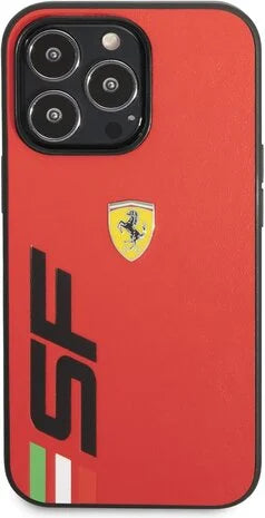 Ferrari iPhone 13 Pro Hard Case - Leather with Printed Big SF Logo - Red