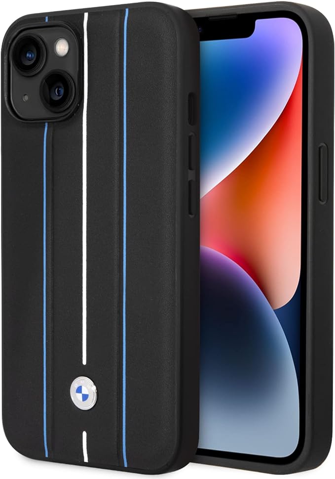 BMW iPhone 14 Hard Case - Leather with Hot-Stamped Blue Lines - Black