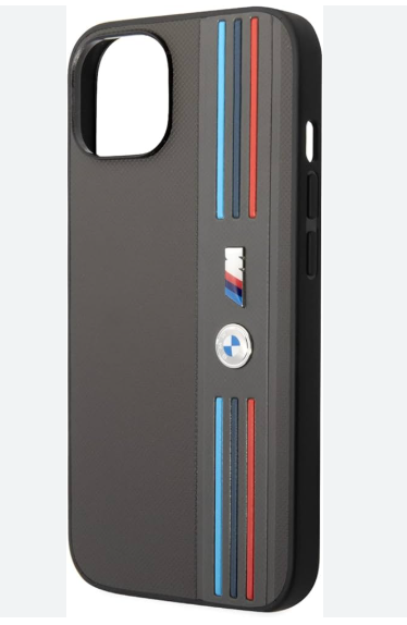 BMW M iPhone 14 Pro Max Hard Case - PU Mesh with Tricolor Design - Black