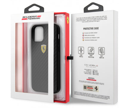 Ferrari iPhone 12 / 12 Pro Hard Case - On Track Carbon with Metal Logo - Black