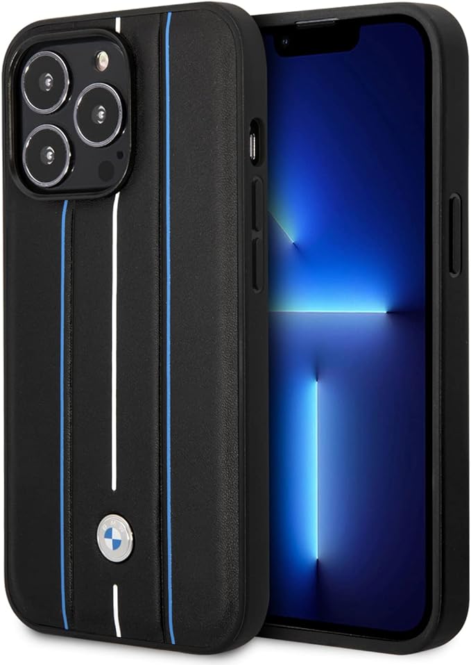 BMW iPhone 14 Pro Max Hard Case - Leather with Hot-Stamped Blue Lines - Black