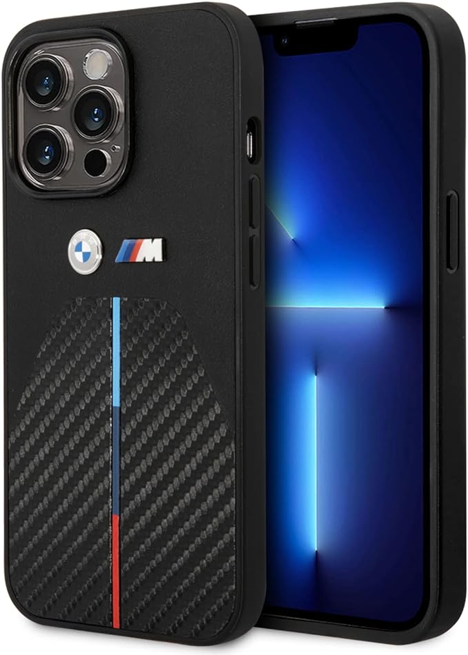 BMW M iPhone 14 Pro Hard Case - PU Carbon with Metal Logos - Black
