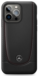 Mercedes iPhone 16 Pro Hard Case - Smooth Leather with Perforations & Metal Star Logo - Black