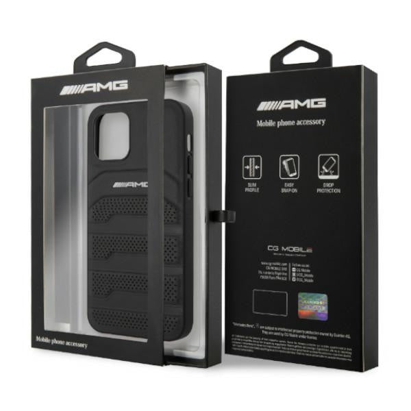 AMG iPhone 12 / iPhone 12 Pro Leather Case - Black with Debossed Lines
