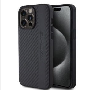 AMG iPhone 13 Pro Hard Case - PU Carbon with Grey Stripe & Embossed Logo - Grey