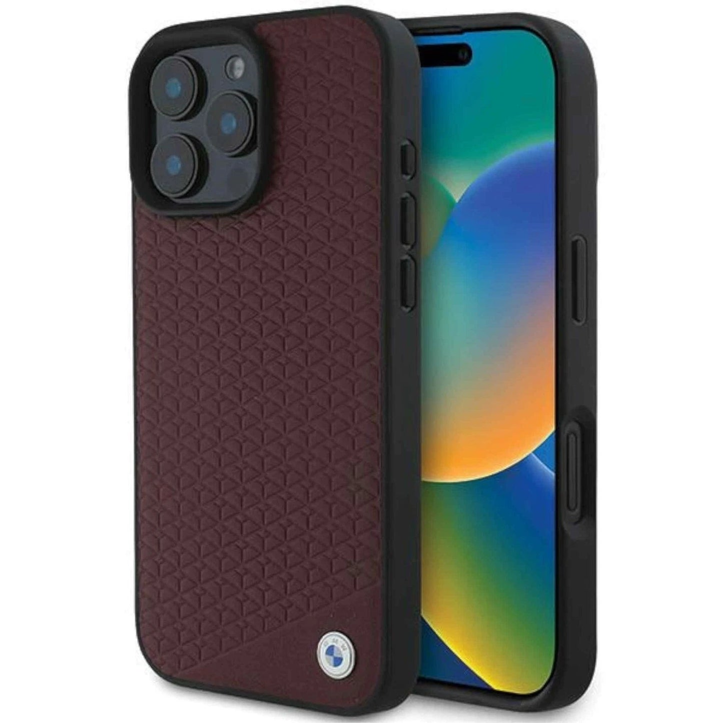 BMW iPhone 16 Pro Max MagSafe Hard Case - Leather with Diamond Pattern & Metal Logo - Red