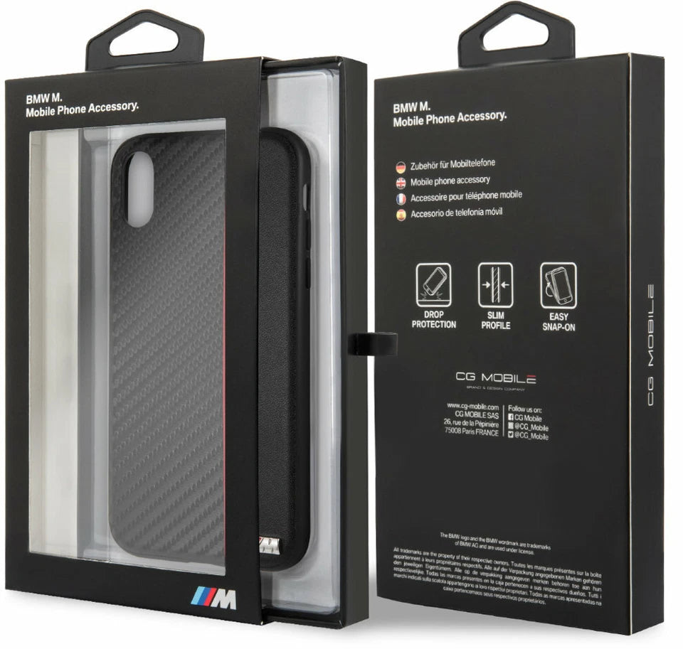 BMW iPhone XR Hard Case - Carbon Leather with Red Stripe - Black
