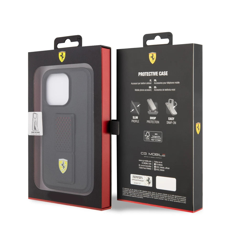 Ferrari iPhone 15 Pro Hard Case - Perforated with Grip Stand - Black