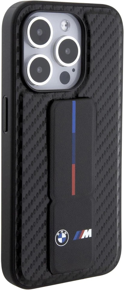 BMW M iPhone 15 Pro Hard Case - PU Smooth & Carbon with Grip Stand - Black