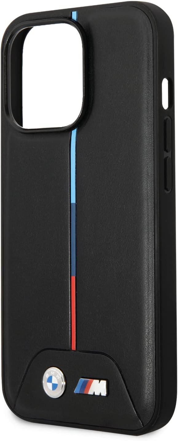 BMW M iPhone 14 Pro Max Hard Case - PU Quilted with Tricolor Design - Black