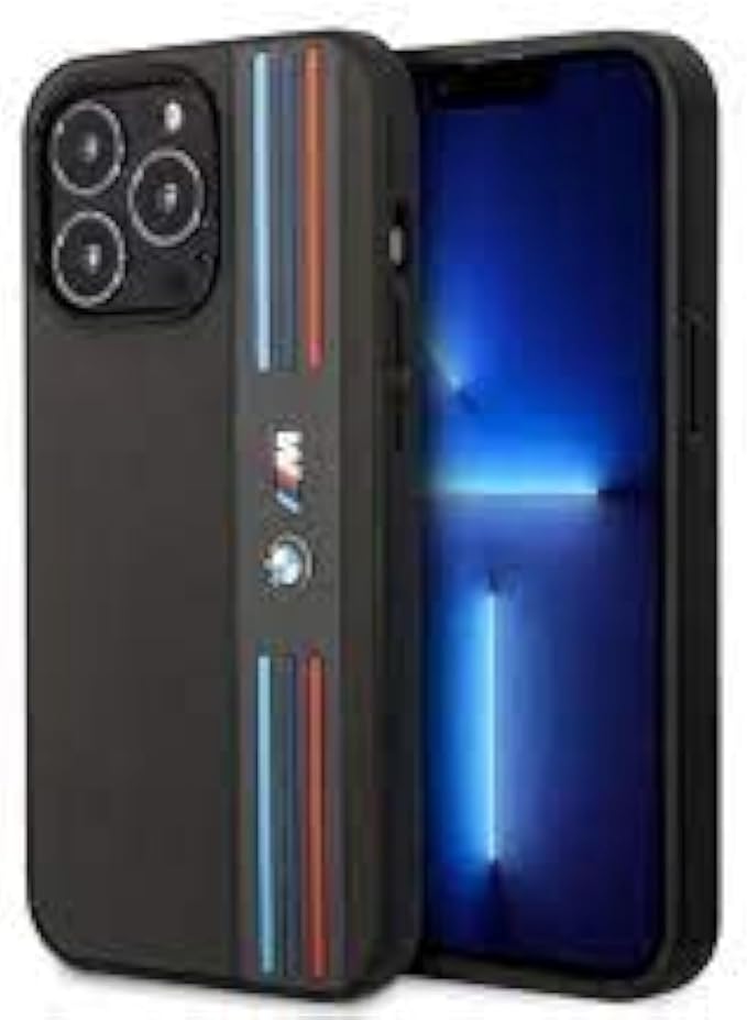 BMW M iPhone 14 Pro Max Hard Case - PU Mesh with Tricolor Design - Grey