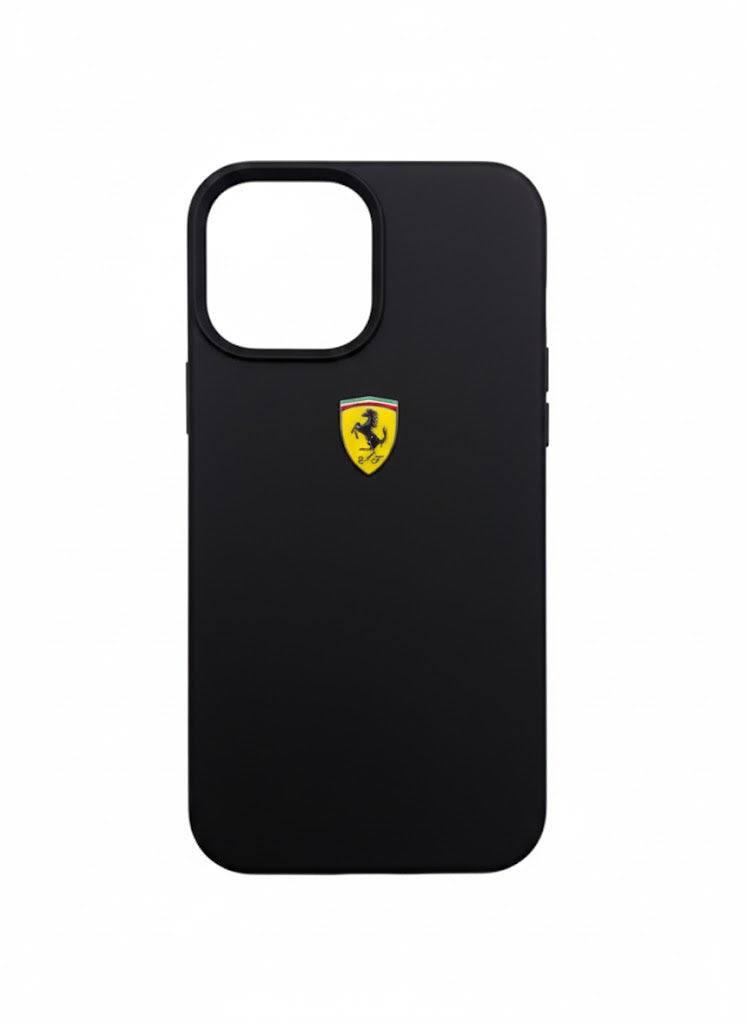Ferrari iPhone 15 Pro Max Hard Case - Silicone with Metal Ring & Shield Logo - Black