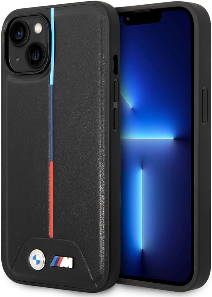 BMW M iPhone 14 Hard Case - PU Quilted with Tricolor Design - Black