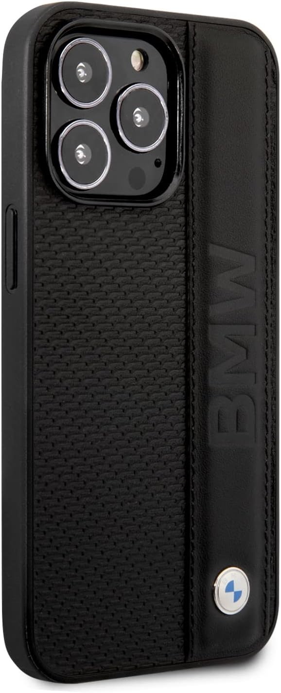 BMW iPhone 14 Pro Max Hard Case - Leather Textured with Stripe - Black