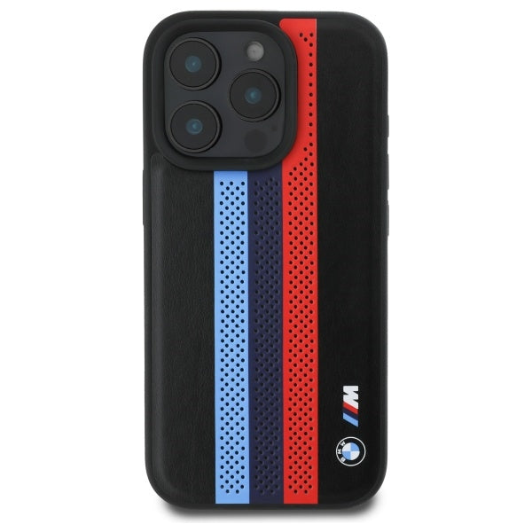 BMW M iPhone 16 Pro MagSafe Hard Case - PU Perforated with Tricolor Printed Stripes - Black