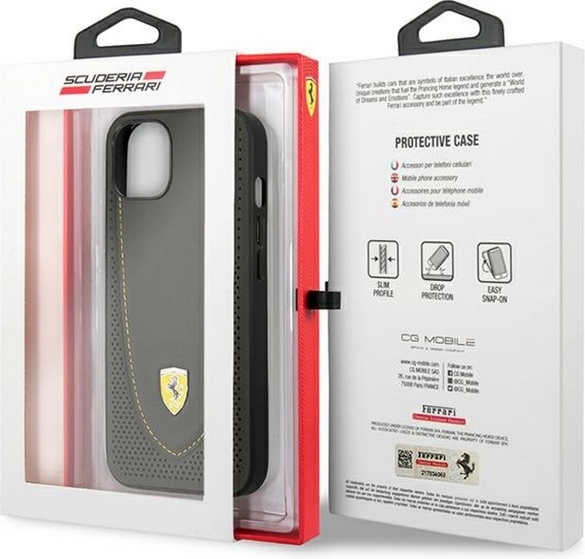 Ferrari iPhone 13 Hard Case - Leather with Stitched Yellow Line - Grey