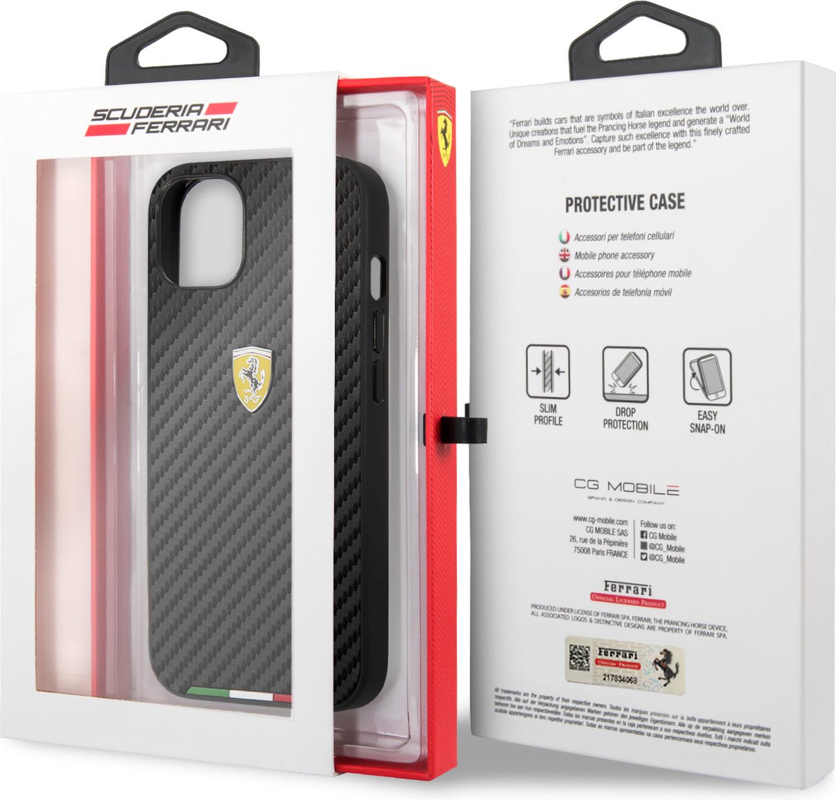 Ferrari iPhone 13 Hard Case - PU Carbon with Italy Flag Line - Black