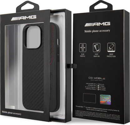 AMG iPhone 13 Pro Max Hard Case - Carbon & Leather with Red Stitching - Black